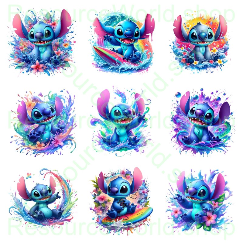 Stitch’s Tropical Splash: 15 Vibrant Watercolor-Style PNGs in 4K