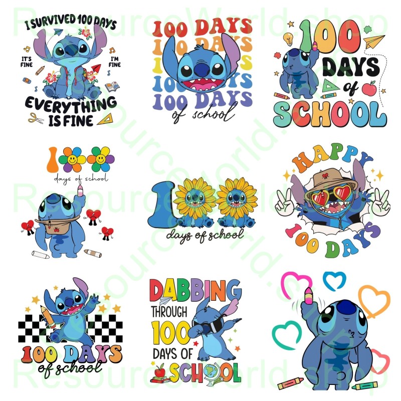 Stitch’s 100 Days of School Celebration: 25 Festive PNG Graphics in 4K